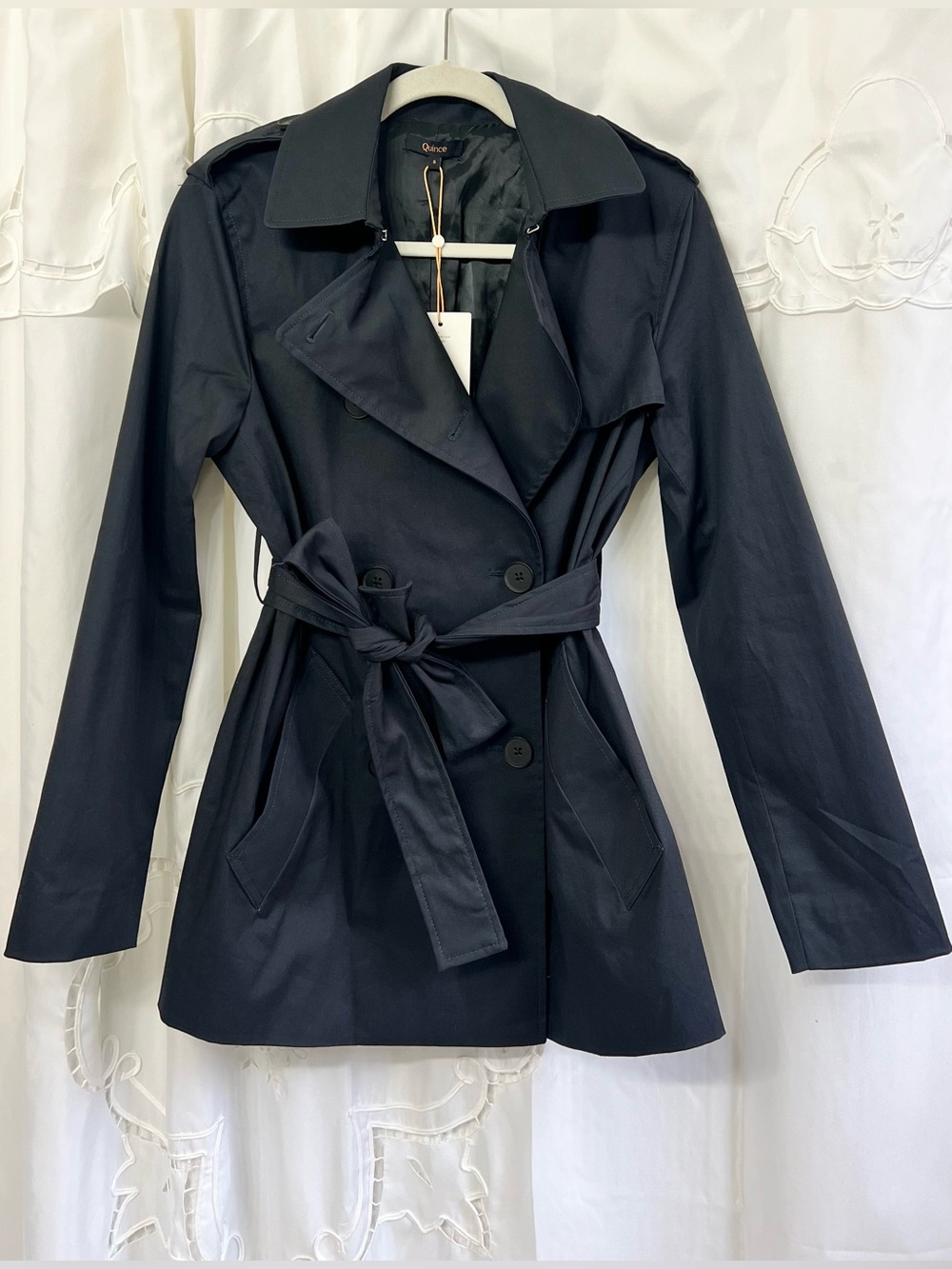 NWT Quince Comfort Stretch Short Trench Coat Black Small Belted - Picture 5 of 16